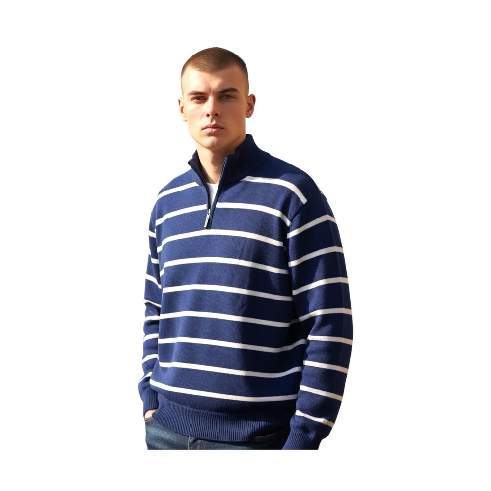 TRUE ROCK Mens Blue White Stripe‎ Quarter Zip Mock Neck Sweater XL